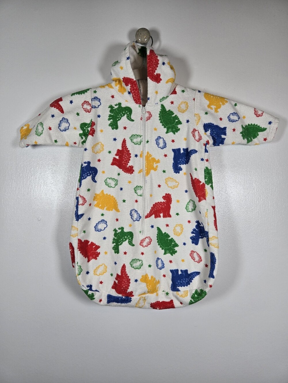 Vintage 80s Kinder By Kaufman Primary Color Dinosaur Print Hooded Towel Sack 12M